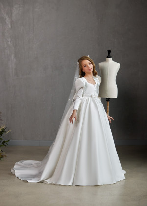 Long Sleeves Ivory Satin Corset Back Flower Girl Dress